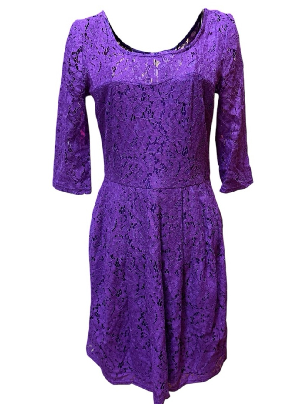 Betsey Johnson Purple Lace Fit-and-Flare Dress with Three-Quarter Sleeves